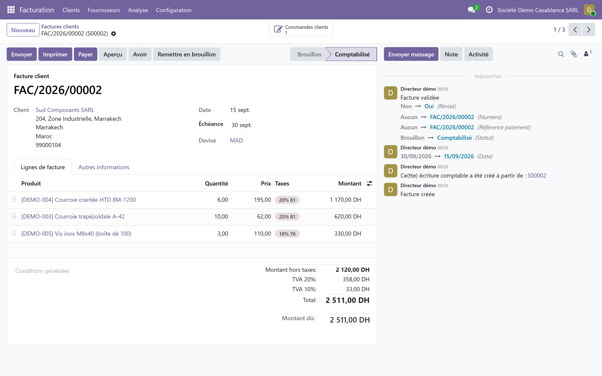 Après l’import, vous vérifiez un échantillon dans Odoo. Base de démonstration, société fictive.