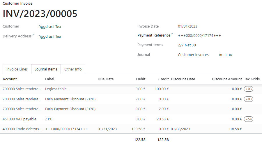 Odoo : une facture client et ses écritures comptables (exemple de la documentation Odoo, hors Maroc).